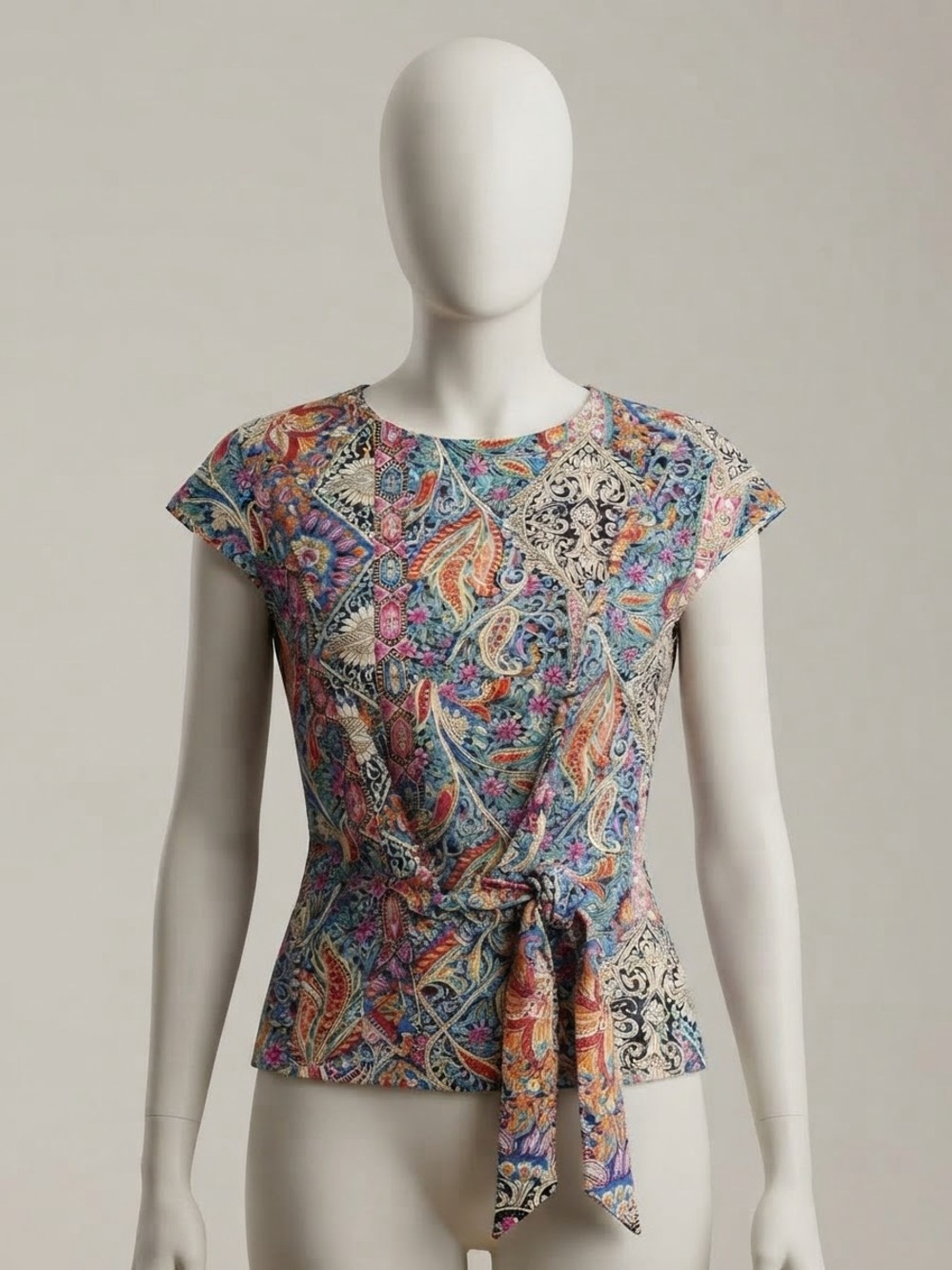 Tie-Waist Paisley Cap-Sleeve Blouse - Multicolor